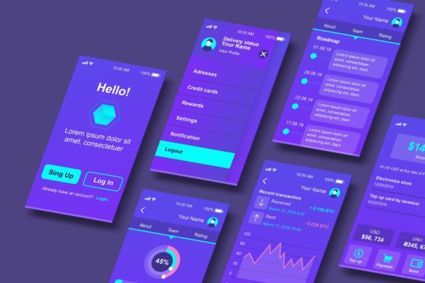 透视图APP应用UI界面设计屏幕演示样机模板 Perspective App Screens Mockup