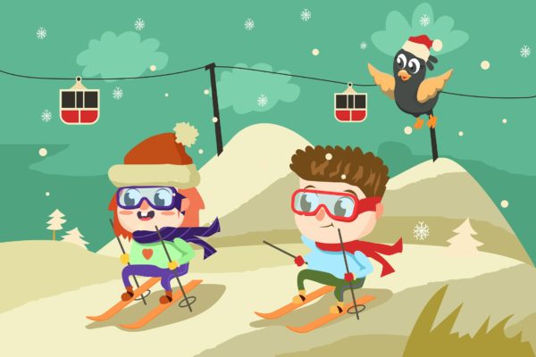 滑雪运动场景卡通手绘插画设计素材v1 Happy Skiing – Vector Illustration