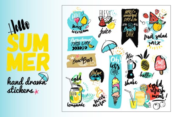 夏季手绘派对主题元素水彩插画 Set of hand drawn watercolor signs of summer.