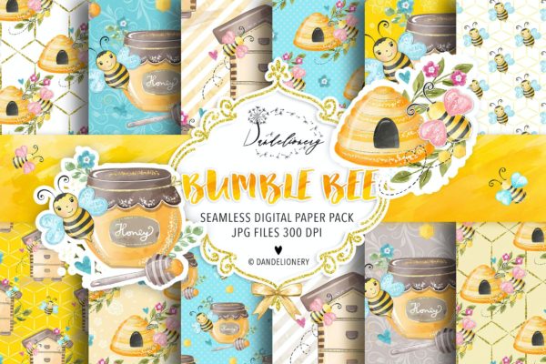 大黄蜂水彩数码纸图案设计素材 Bumble Bee digital paper pack