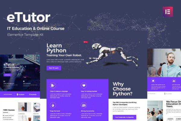 专业精美高科技IT在线课程教育培训WordPress模板工具包 eTutor – Education & Online Course Elementor Template Kit