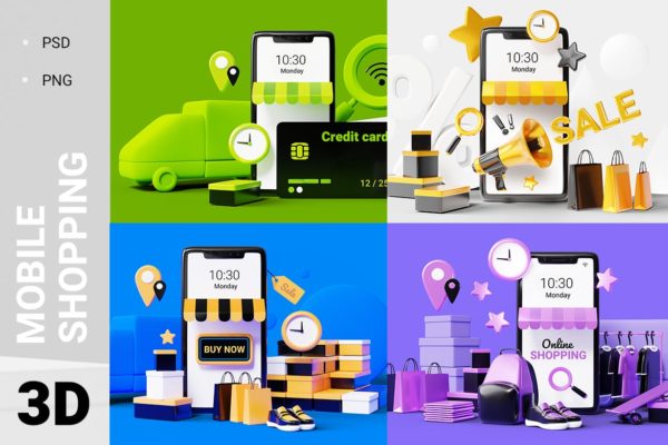 3D创意移动购物商店手机样机 3d mobile shopping mockups