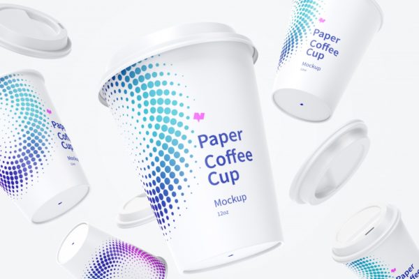 下坠效果12oz带盖纸咖啡杯包装设计样机 12oz Paper Coffee Cups with Caps Mockup, Falling