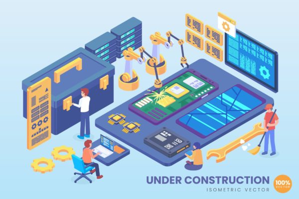 开发施工主题2.5D矢量等距概念插画 Isometric Mobile Under Construction Vector Concept