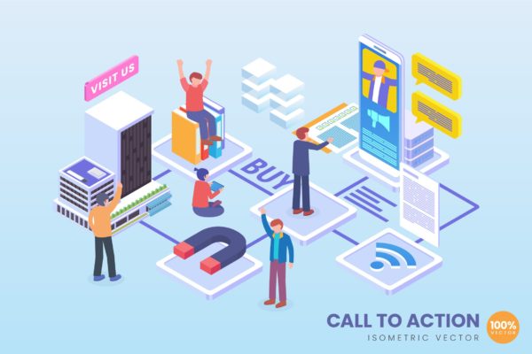 CTA技术主题2.5D矢量等距概念插画 Isometric Call To Action Technology Vector Concept