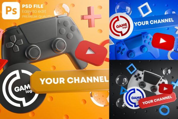 游戏手柄YouTube频道Logo展示样机包 Gaming Youtube Channel Logo Promotion Mockup Pack