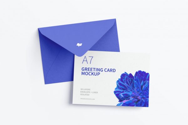 横向A7尺寸贺卡&信封顶视图样机 Landscape A7 Greeting Card Mockup with Envelope, Top View