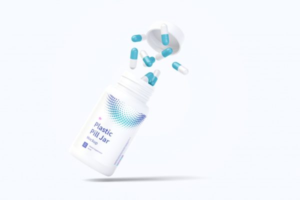 下坠效果塑料药瓶包装设计样机 Plastic Pill Jar Mockup, Falling