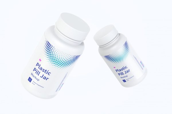 漂浮效果塑料药瓶包装设计样机 Plastic Pill Jars Mockup, Floating