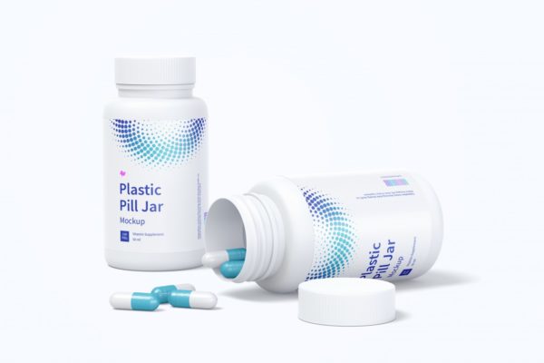 高分辨率的塑料药瓶/药罐包装设计样机 Plastic Pill Jars Mockup