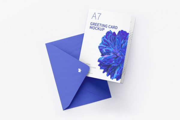 纵向A7尺寸贺卡&信封顶视图样机 Portrait A7 Greeting Card Mockup with Envelope, Top View
