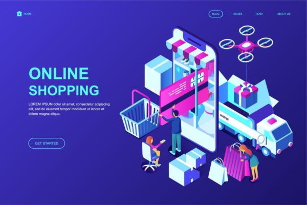 网上购物主题等距概念插画网站着陆页模板 Online Shopping Isometric Landing Page Template