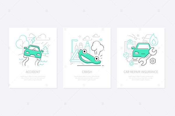 车祸主题线条设计风格网站APP启动页插画 Car accidents – line design style banners set