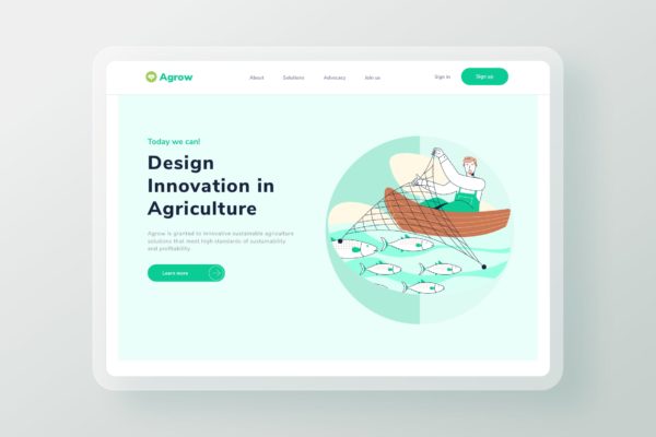 养鱼场主题网站设计矢量插画素材 Fish Farm Comodity Landing Page Header