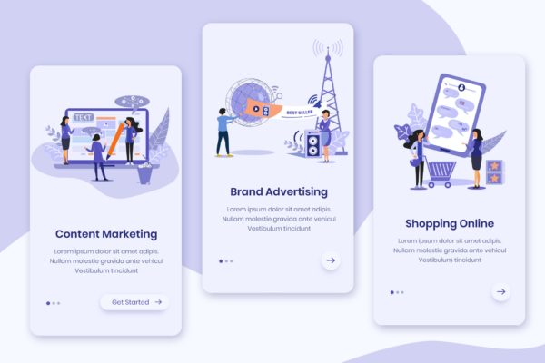 互联网营销主题APP启动页矢量插画设计模板 Marketing Advertising Onboarding App Screens