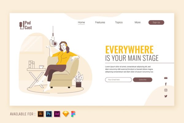 女播音主持网站设计矢量插画 Woman Podcasting – Web Illustration