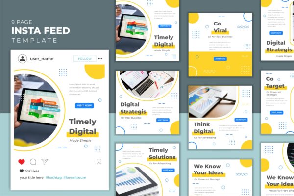 数据分析主题Instagram信息流社交贴图设计模板v12 Instagram Feed Template vol.12