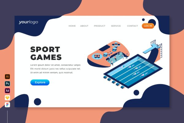体育游戏主题等距插画网站着陆页设计素材 Sport Games – Isometric Landing Page