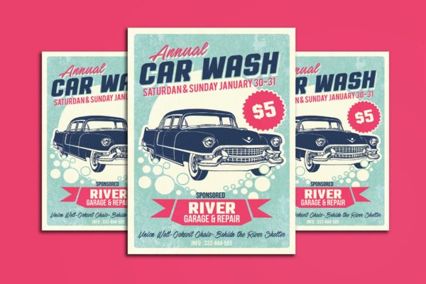 复古风格洗车服务传单设计模板 Car Wash Retro Style