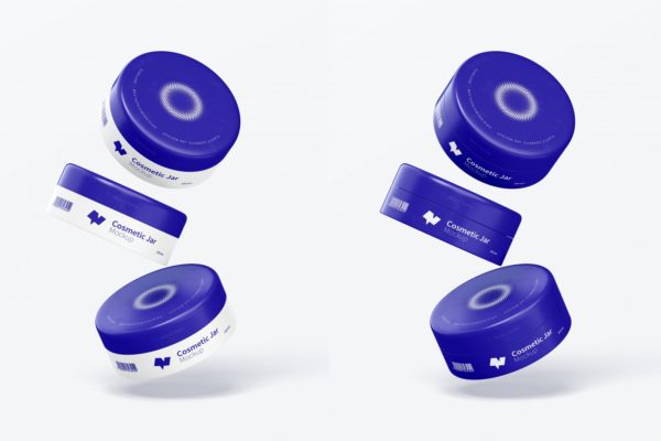 掉落效果100mm塑料化妆品面霜盒样机 100mm Plastic Cosmetic Jars Mockup, Falling