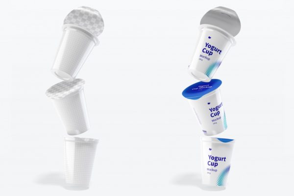 漂浮效果150克酸奶杯包装设计样机 150 g Yogurt Cups Mockup, Floating