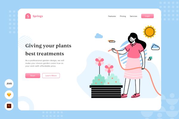 植物护理主题网页头部插画设计素材 Maintaining Plants – Website Header – Illustration