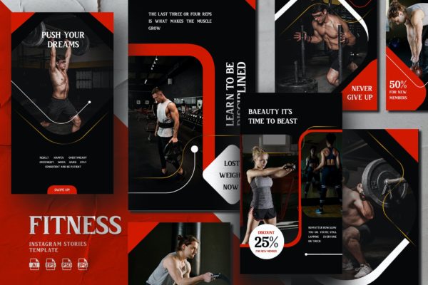 深色现代主题-健身推广Instagram故事社交素材 Dark Modern Theme – Fitness Instagram Stories
