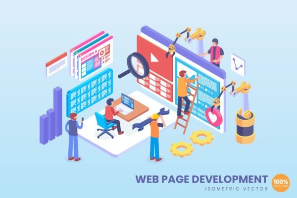 网页开发主题2.5D矢量等距概念插画 Isometric Web Page Development Vector Concept