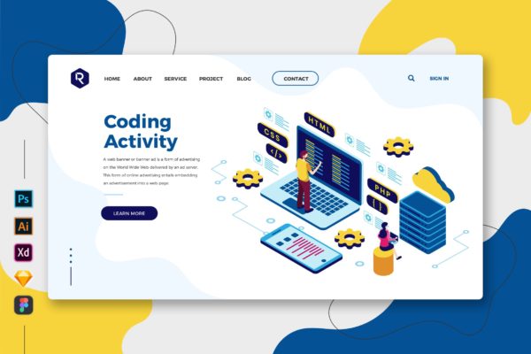 开发编程-创意网站着陆页UI设计模板 Coding Activity – Web & Mobile Landing Page