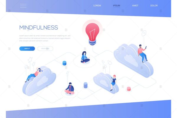 正念概念主题网页Banner设计等距矢量插画素材 Mindfulness concept – isometric vector web banner