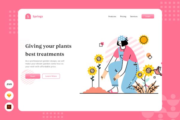 植物生长主题网页头部插画设计素材 Growing Plants – Website Header – Illustration