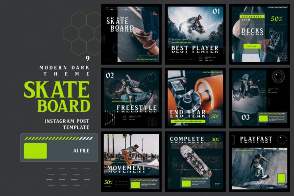 现代深色主题-滑板运动Instagram帖子社交素材 Modern Dark Theme – Skateboard Instagram Post