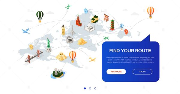 旅行规划主题网页Banner设计彩色等距矢量插画素材 Find your route – colorful isometric web banner