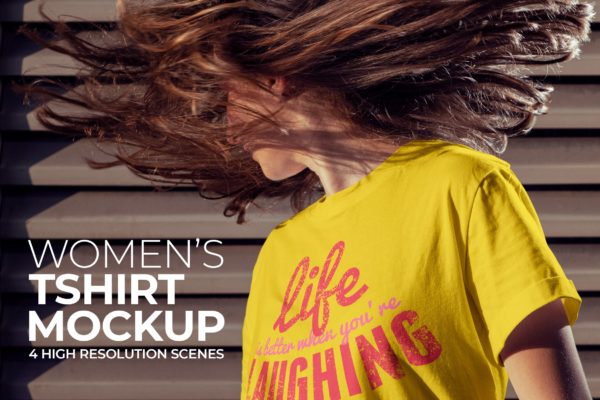 漂亮模特女款T恤效果图展示样机 Women’s T-shirt Mockup