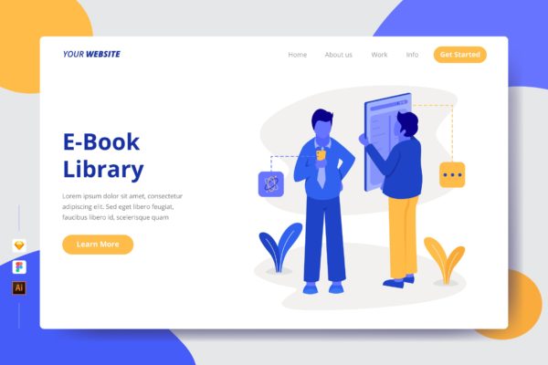 电子书文库主题网站着陆页插画设计素材 E-Book Library – Landing Page