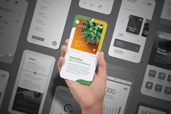 手持手机应用程序UI屏幕演示样机 Hand Holding App Ui Screen Presentation Mockup