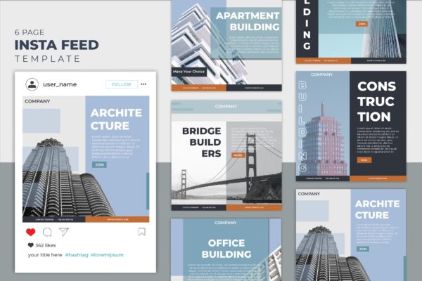 城市建筑主题Instagram信息流社交贴图设计模板v2 Instagram Feed Template vol.2