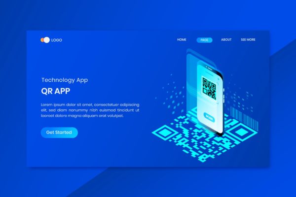 QR二维码App主题网站着陆页等距概念插画 QR App Isometric Concept Landing Page