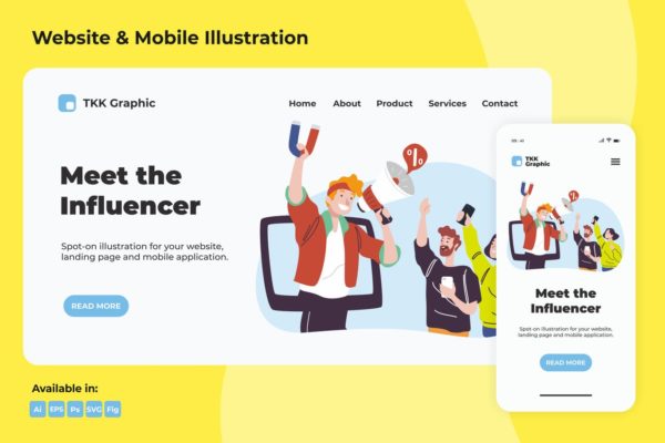 意见领袖插画网站着陆页设计模板[PC&手机] Meet the Influencer web and mobile