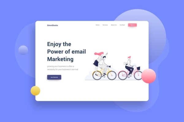 自行车旅行主题网站Header设计着陆页插画模板 Teamwork Cycling Website Header Illustration