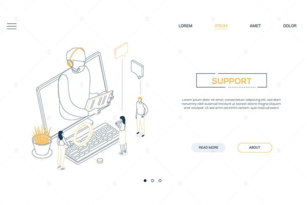 技术支持主题网页Banner设计等距矢量线性插画素材 Technical support – line style isometric banner