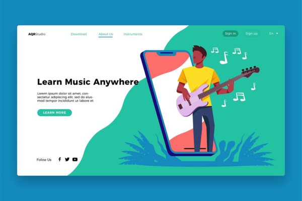 音乐学习主题插画网站Banner&着陆页设计模板 Music Learning – Banner & Landing Page