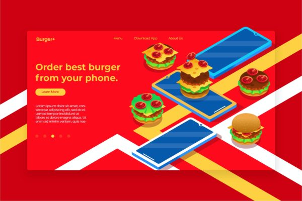 汉堡主题等距插画网站Banner&着陆页设计模板 Burger Isometric – Banner & Landing Page