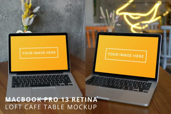 阁楼咖啡桌场景高分辨率MacBook Pro 13寸样机 MacBook Pro 13 Loft Cafe Table Hi-Res Mockup