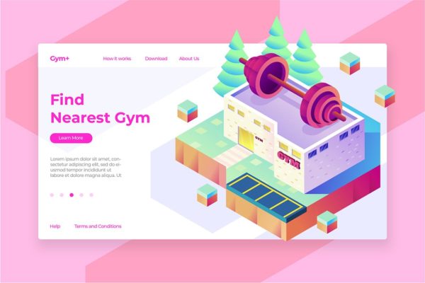 健身房主题等距插画网站Banner&着陆页设计模板 Gym Isometric – Banner & Landing Page