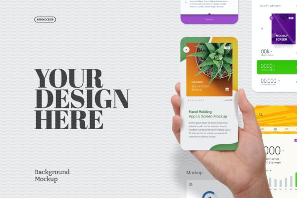正视图-手持手机应用程序UI屏幕演示样机 Hand Holding App Ui Screen Presentation Mockup