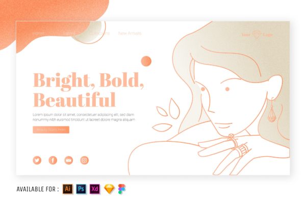 女性珠宝-网站着陆页线性插画矢量素材 Woman and her Jewelry – Web Outline Illustration