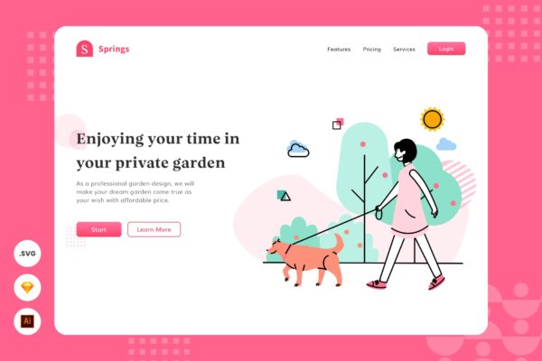 遛狗主题网页头部插画设计素材 Petting Dog – Website Header – Illustration