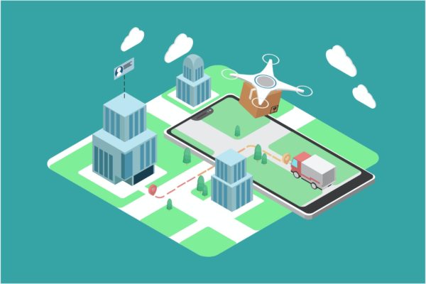 无人机交付物联网主题等距插画矢量素材 Delivery with Drone – IoT Illustration