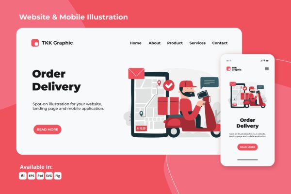 快递配送服务插画网站着陆页设计模板[PC&手机] Delivery order courier web and mobile